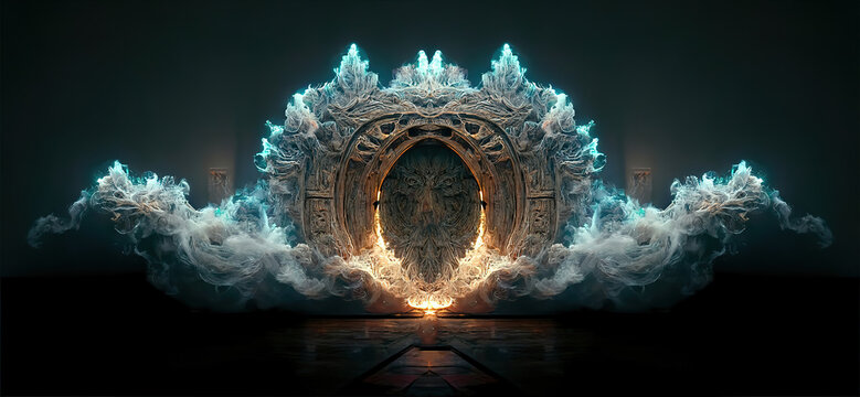Wooden gate in dim clouds in an empty room. Portal to another world, magical realism, parallel world, ancient runes, relics. Gate to the castle. 3D artwork design