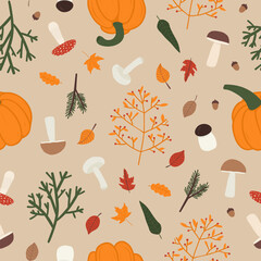 Vector seamless pattern with pumpkins, mushrooms and leaves. For fall decoration, fabric, kitchen textile, feast invitation, towel print, cover of cooking book, packaging design, template labels.
