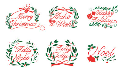 Set of winter holiday Calligraphy. Winter green and Berries decoration with holiday message texts. Merry Christmas, Make a wish, Happy holiday, Holly night, Noel text collection. Vector illustration.