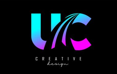 Creative colorful letters UC u c logo with leading lines and road concept design. Letters with geometric design.