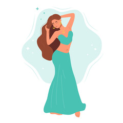 Belly dancer woman in oriental dress with long hairs. Professional arabian dance perfomance by young beautiful girl. Female sensuality body in turkish ethnisity costum. Isolated vector illustration of