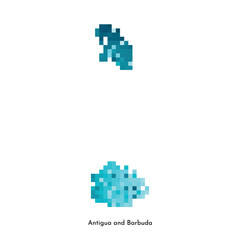 Vector geometric illustration with simplified icy blue silhouette of Antigua and Barbuda map. Pixel art style for NFT template. Dotted logo with gradient texture for design on white background