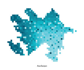 Vector isolated geometric illustration with simplified icy blue silhouette of Azerbaijan map. Pixel art style for NFT template. Dotted logo with gradient texture for design on white background
