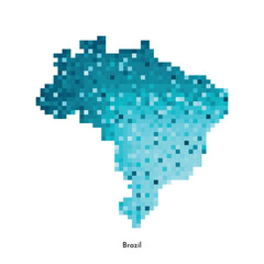Vector isolated geometric illustration with simplified icy blue silhouette of Brazil map. Pixel art style for NFT template. Dotted logo with gradient texture for design on white background