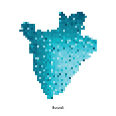 Vector isolated geometric illustration with simplified icy blue silhouette of Burundi map. Pixel art style for NFT template. Dotted logo with gradient texture for design on white background