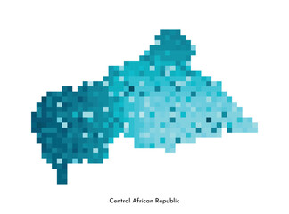 Vector geometric illustration with simplified icy blue silhouette of Central African Republic map. Pixel art style for NFT template. Dotted logo with gradient texture for design on white background