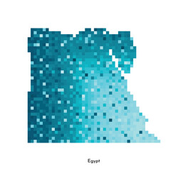 Vector isolated geometric illustration with simplified icy blue silhouette of Egypt map. Pixel art style for NFT template. Dotted logo with gradient texture for design on white background