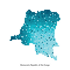 Vector isolated geometric illustration with simplified icy blue silhouette of Democratic Republic of the Congo map. Pixel art style for NFT template. Logo with gradient texture on white background