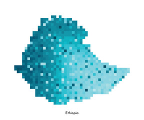 Vector isolated geometric illustration with simplified icy blue silhouette of Ethiopia map. Pixel art style for NFT template. Dotted logo with gradient texture on white background