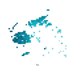 Vector isolated geometric illustration with simplified icy blue silhouette of Fiji map. Pixel art style for NFT template. Dotted logo with gradient texture for design on white background
