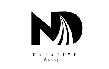 Creative black letters ND n d logo with leading lines and road concept design. Letters with geometric design.