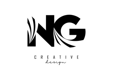 Creative black letters NG n G logo with leading lines and road concept design. Letters with geometric design.