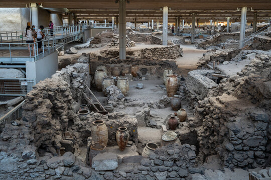 View of the archaeological site of Akrotiri, an ancient Minoan city destroyed in 16th century and popular tourist destination in Santorini, Greece