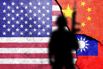 United States of America, China and Taiwan  flags painted on the concrete wall United States of America and China flags painted on the concrete wall with soldier shadow. USA and China war concept