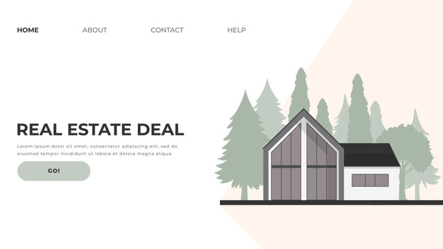 Web Banner Template With Cottage Illustration For Real Estate Agency, Construction Company Or Residential Landlord in Flat Style. Vector