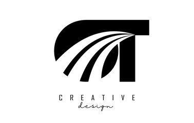 Creative black letters OT o t logo with leading lines and road concept design. Letters with geometric design.