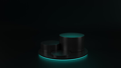 3D render of Cylinder podium with blue neon lights on dark background.podium for technology product presentation. empty dark. neon light display with blank backdrops.