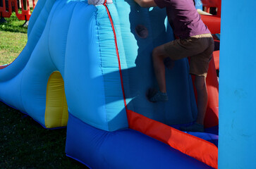 before inflating the bouncy castle attraction make sure blower is securely connectedelectricity and slide is anchored to the ground. otherwise there is a risk of electric shock or falling down, safety