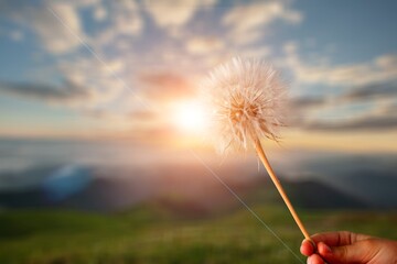 Fototapeta premium ESG and Clean Energy Concept. Hand Raise up a Wind Turbine Paper into the Sky. World Earth Day, Sustainable Resources, Environmental Care