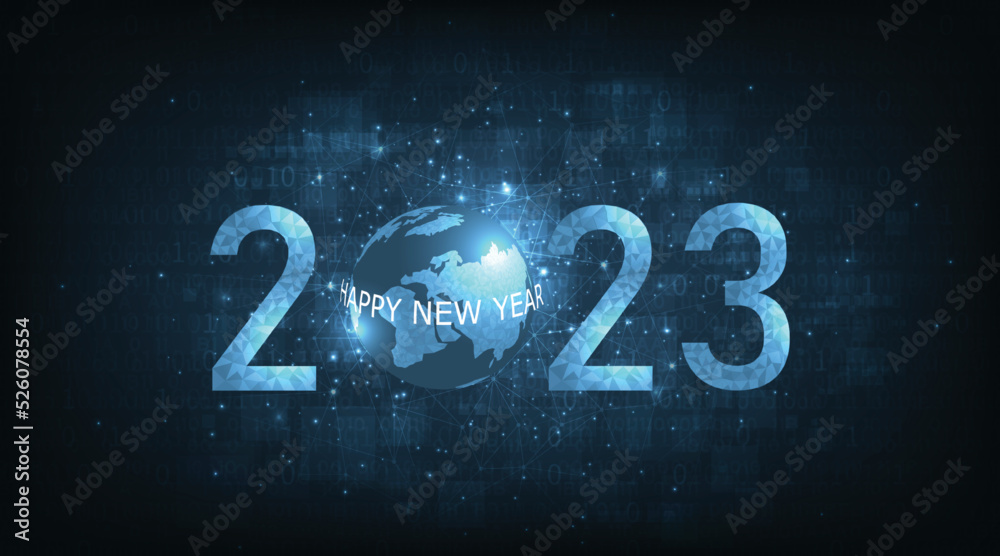 Poster  New Year 2023 Technology background.Dark blue low poly triangle connection New Year 2023 design background with sparkling glow effect. 