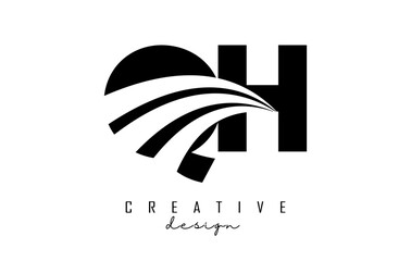 Creative black letters QH q h logo with leading lines and road concept design. Letters with geometric design.