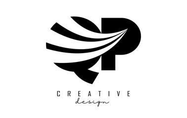 Creative black letters QP q p logo with leading lines and road concept design. Letters with geometric design.