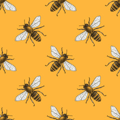 Seamless orange background with bees.