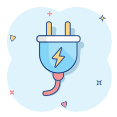 Fototapeta premium Vector cartoon electric plug icon in comic style. Power wire cable sign illustration pictogram. Wire business splash effect concept.