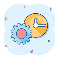 Vector cartoon clock icon in comic style. Project management sign illustration pictogram. Timer with gear business splash effect concept.