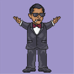 character man smoking cursing suit, 8 bit with pixel art style