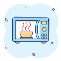 Vector cartoon microwave icon in comic style. Microwave oven sign illustration pictogram. Stove business splash effect concept.