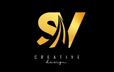 Golden letter SV s v logo with leading lines and road concept design. Letters with geometric design. Vector Illustration with letter and creative cuts.