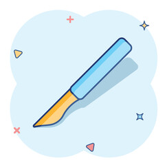 Vector cartoon medical scalpel icon in comic style. Hospital surgery knife sign illustration pictogram. Scalpel business splash effect concept.