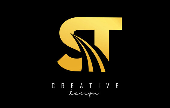Golden letter ST s t logo with leading lines and road concept design. Letters with geometric design. Vector Illustration with letter and creative cuts.