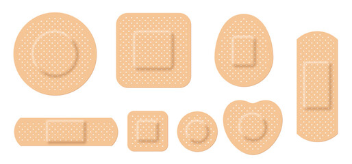 Medical adhesive bandages set, realistic 3d beige sticky plaster patches for first aid