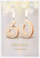 Happy birthday greeting card with 60 number candles vector illustration. 3d candlelight in poster design for anniversary party celebration, cute sixty invitation template candles for sweet cake - obrazy, fototapety, plakaty