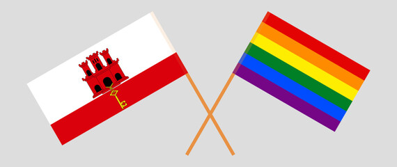 Crossed flags of Gibraltar and LGBTQ. Official colors. Correct proportion