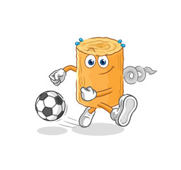 wooden corkscrew kicking the ball cartoon. cartoon mascot vector