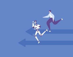 Fototapeta na wymiar compete with robots. humans run race against robots. improve skills so as not to lose to technology. future technology. flat cartoon illustration. vector concept design