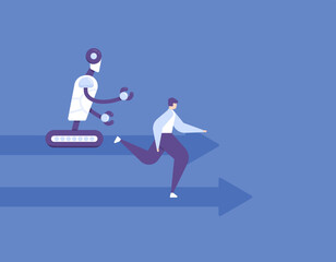 Fototapeta na wymiar compete with robots. humans run race against robots. improve skills so as not to lose to technology. future technology. flat cartoon illustration. vector concept design