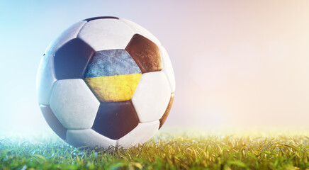 Football soccer ball with flag of Ukraine on grass
