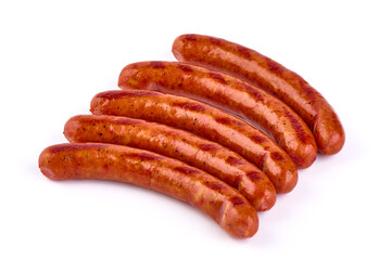 Roasted sausages, barbecued sausages, isolated on white background.