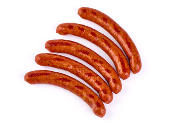 Roasted sausages, barbecued sausages, isolated on white background.