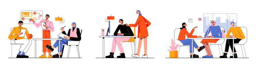Teamwork, employee communication in office. Vector flat illustration of people conversation on workplace, meeting, presentation. Scenes of persons communicate with colleagues