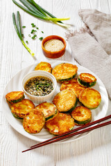 Hobak Jeon, pan fried zucchini with dipping sauce