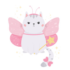 Funny kawaii cat in butterfly costume. Halloween cartoon pet. Fairy tale kitten with magic wand. Angry cat. Vector illustration.