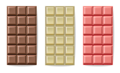 Realistic chocolates set vector, delicious dessert, milk chocolate isolated on white background collection, chocolate packaging mockup