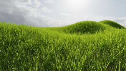 Obraz na płótnie Canvas Green grass with blue sky cloudy render 3D nature wallpaper backgrounds