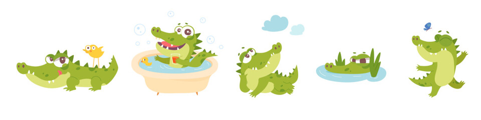 Cute crocodile characters set, funny alligator bathing, dancing and lying with friends