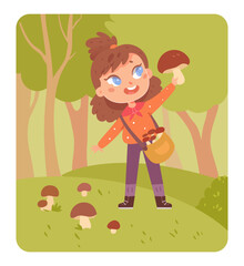 Child holding mushroom, kid picking mushrooms in basket, happy girl with funny smile